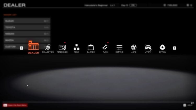 main menu dealer collection perk garage tune aero options settings