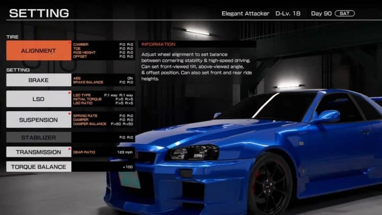 nissan skyline r34 gt-r tokyo xtreme racer camber toe ride height offset lsd suspension tuning